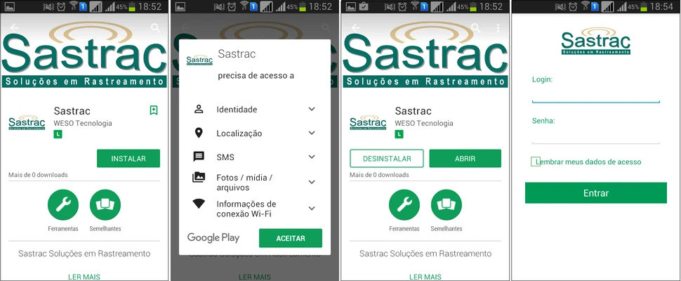 Sequência de telas do aplicativo Sastrac, do login até o mapa com o veículo localizado