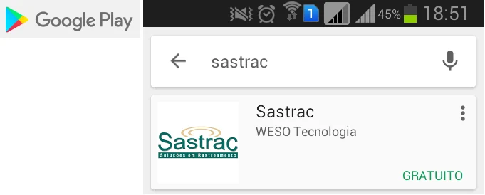 Busca por “Sastrac” na Play Store, mostrando o aplicativo publicado pela Weso Tecnologia