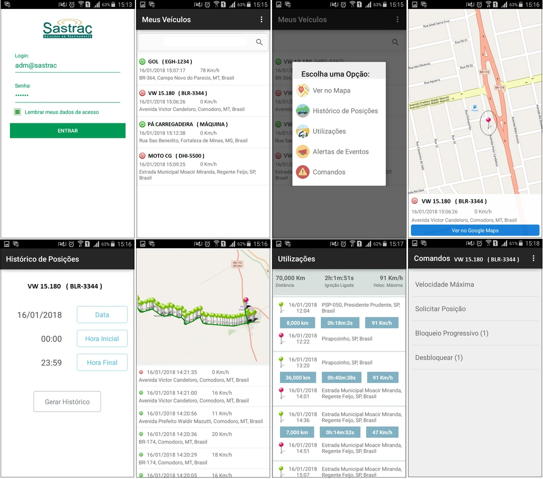 Montagem com telas do aplicativo Sastrac: login, escolha de funções, mapa com o veículo localizado, histórico de posições e painel de utilização