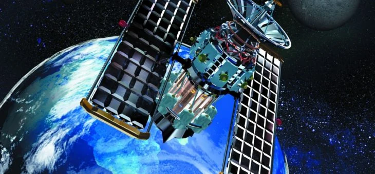 Satélite em órbita sobre a Terra — imagem de banco de imagens usada pela SASTRAC